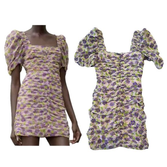 Zara Bloggers Favorite Draped Puff Sleeve Floral Mini Dress Size Small NWOT - Picture 1 of 10